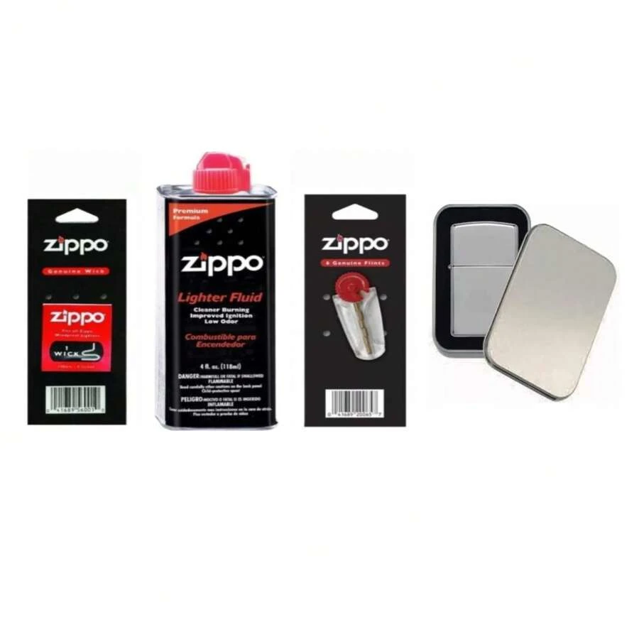 Kit Completo Encendedor Tipo Zippo con Gasolina, Mecha y Piedras, Antiviento, Recargable, Encendido Confiable, Combustión Limpia, Repuestos, Mantenimiento, Portátil, Uso Diario, Estilo Clásico Duradero - Plateado - Ver 1