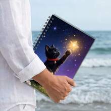 1 Cuaderno encantador A5, con diseño de gato lindo con fondo de cielo estrellado, decorado con gatos negros y estrellas doradas, adecuado para llevar un diario - A5 - Ver 2