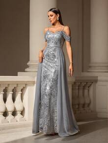 春夏露肩亮片网纱刺绣A字型正式晚礼服，优雅舞会礼服，婚礼宾客礼服，适合毕业典礼、盛大晚宴及其他场合 - 灰色 - 查看 8