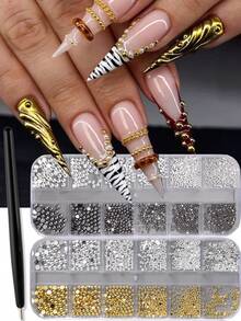 12 emplacements Décorations d'art pour ongles en acier demi-rond doré et argenté, stylo magnétique avec perles d'acier, petites perles d'acier inoxydable caviar, décorations de vernis à ongles avec micro-perles - Multicolore - Voir 1