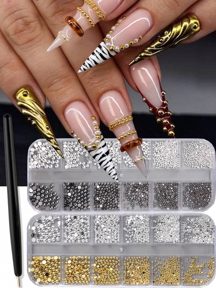 12 emplacements Décorations d'art pour ongles en acier demi-rond doré et argenté, stylo magnétique avec perles d'acier, petites perles d'acier inoxydable caviar, décorations de vernis à ongles avec micro-perles - Multicolore - Voir 1