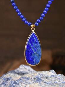 Vòng cổ hạt đá Lapis Lazuli tự nhiên phong cách vintage, vòng cổ mặt tròn Bohemian, trang sức tiệc resort Hawaii quyến rũ, đá pha lê chữa lành unisex - Nhiều màu - Xem 10
