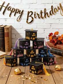 10pcs/30PCS Graduation Cap Gift Box, Graduation Candy Boxes Black Box With Gold Tassel, Desktop Decor, Suitable For Graduation Season, Graduation Party, Graduation Gift Packaging - View 1