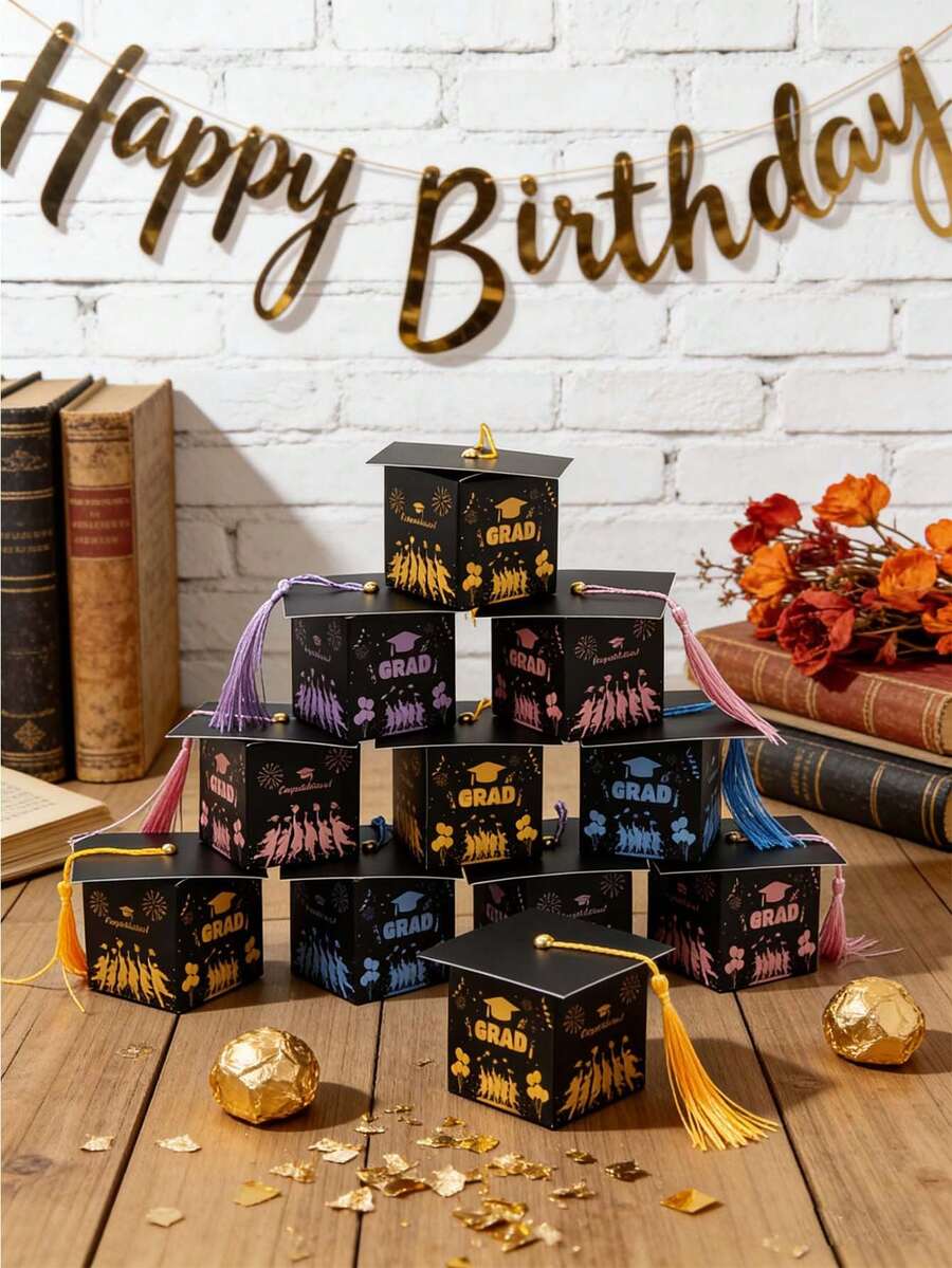 10pcs/30PCS Graduation Cap Gift Box, Graduation Candy Boxes Black Box With Gold Tassel, Desktop Decor, Suitable For Graduation Season, Graduation Party, Graduation Gift Packaging - View 1