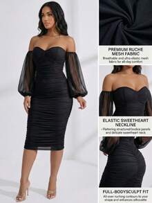 CALEBGAR Women's Plus Size Off The Shoulder Mesh Long Sleeve Bodycon Ruched Midi Party Cocktail Dress - Black - View 2