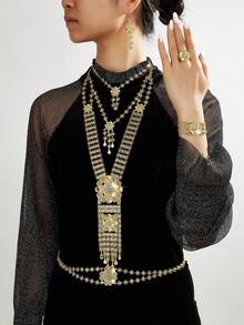 Conjunto de joyería YIYI de cadena corporal de múltiples capas chapada en oro, collar de borlas de filigrana de lujo, aretes, anillo, pulsera y cadena para la cintura, regalo de boda, fiesta o Eid - XLJT-009 - Ver 1