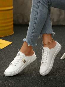 Giày thể thao nữ slip-on, giày thể thao buộc dây màu trơn với khoen kim loại, giày bệt casual dễ thương, giày trượt ván thời trang, giày lười slip-on, giày casual đa năng cho nữ, giày thể thao nữ. - trắng - Xem 4