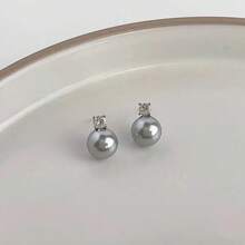 高品质手工耳环，纽扣珍珠耳环，925纯银镀金耳钉，立方氧化锆，低过敏性珍珠耳环，新娘婚礼，女士生日礼物 - 銀色 - 查看 7