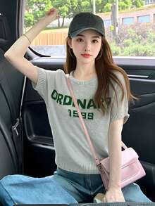 Alicedudu 女士休闲简约字母设计圆领针织短袖上衣，夏季 - 灰色 - 查看 4