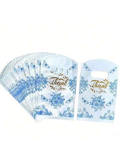 100pcs/50pcs Blue Butterfly Print Design Plastic Carrier Bags, Thank You Gift Bags, Party Shop Wholesale Merchandise Bags Suitable For Jewelry, Clothing, Wedding Favors And Retail Packaging, Elegant Gift Packaging Bags, Floral Theme Party Decor, Birthday Party Favors, Supplies, Boutique Items, Shopping Bags