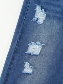 1pc Girls Casual Loose Straight Leg Distressed Vintage Denim Jeans, Suitable For Summer - Medium Wash - View 7
