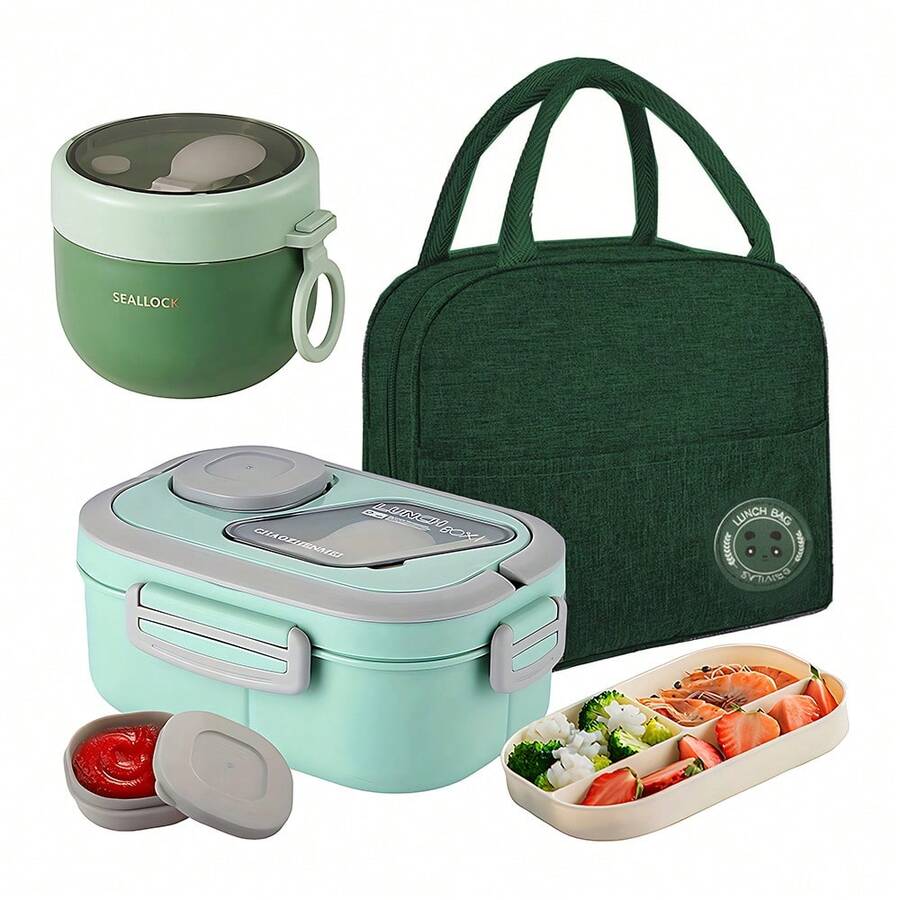 LIVINGANDHOME 3 Colors Portable Lunch Box Set With Insulated Bag,Lunch Box Food Container - Green - View 1