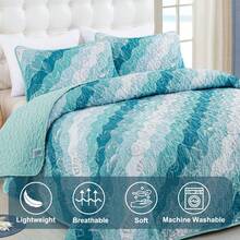 3 Pieces Coastal Quilt Set Queen King Size , Summer Beach Blue Green Ocean Theme Quilts With Pillowcases Microfiber Ocean Bedding Set Nautical Bedspreads Coverlet Lightweight Comforter For Wedding Items, Home Bed Room Decor, Ideal Gifts,All Season - 藍綠色 - 查看 4