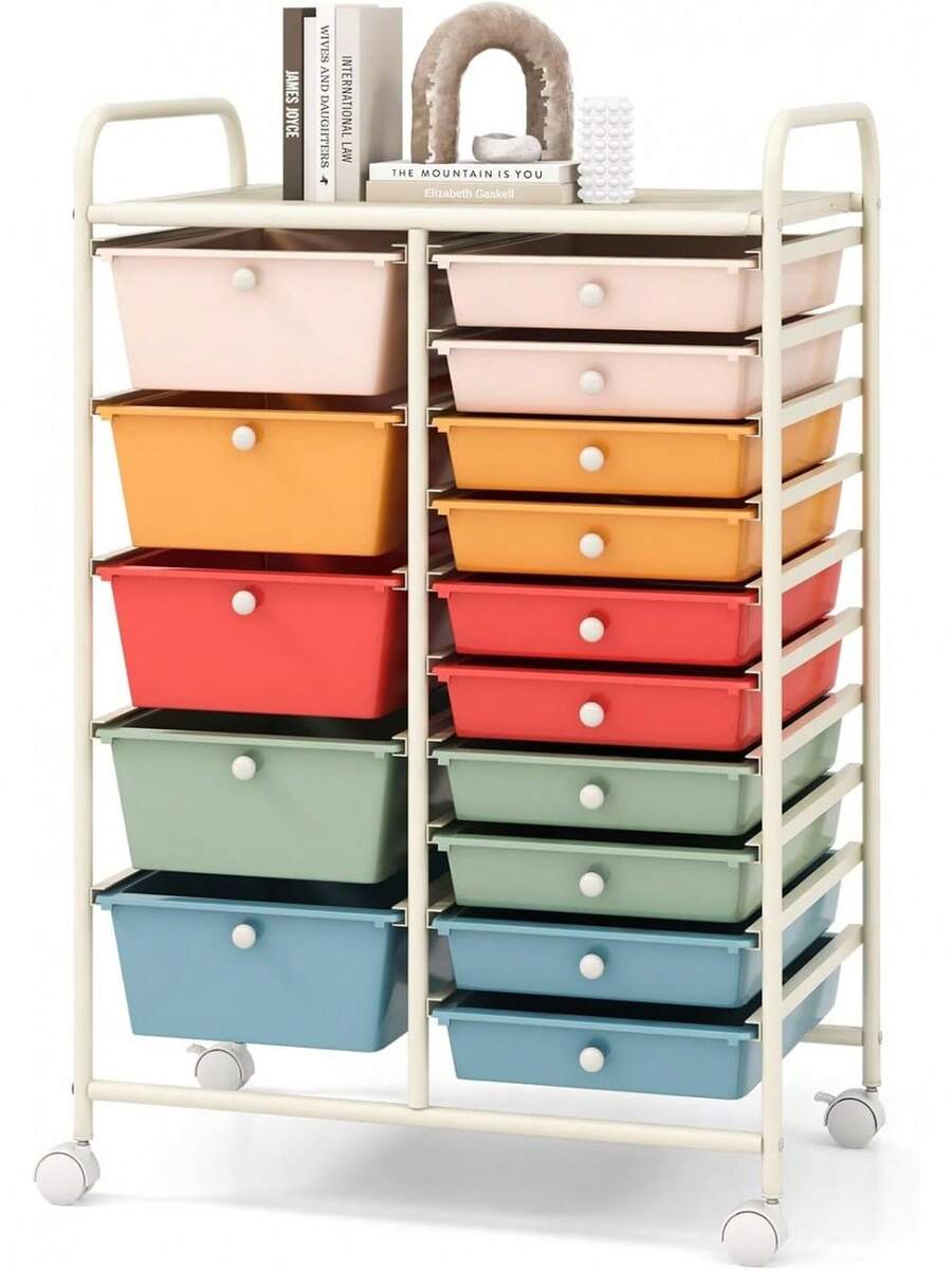 COSTWAY Carrito de almacenamiento con 15 cajones, carrito de utilidad multiusos con ruedas con ruedas bloqueables y cajones extraíbles, organizador móvil de herramientas, papel scrapbook para oficina, escuela y hogar, color Macaron - transparente - Ver 1