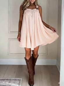 Women's Adjustable Shoulder Strap Suspender Skirt, Pleated Romper Style A-Line Dress, Light Pink Casual Loose Fit - Hồng - Xem 2