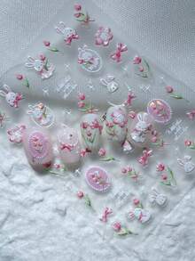 1 hoja de pegatinas de arte de uñas 3D con estilo dulce de tulipanes rosas y blancos, conejos, diseño femenino lindo con conejo, tulipán, lazo, cadena de perlas y otros elementos primaverales, adecuado para mujeres DIY - Multicolor - Ver 7