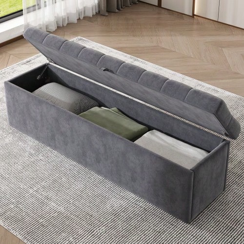 Velvet Upholstered Bench, Padded Seat, Bed Stool, Bench With Storage, Grey 138 X 41 X 42 Cm - Grey - View 1