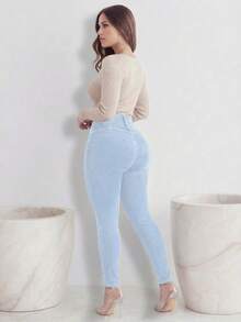 Women's Butt Lifting Jeans, High Elastic Fit Long Pants, Fashionable, Suitable Date, Commute, Elegant Casual Wear, Versatile Spring - Muối chiên xanh - Xem 4