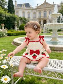 Bộ 2 món mùa hè ngọt ngào, kiểu retro gồm áo hai dây viền bèo nhún và chân váy ngắn thêu hình dâu tây, trang phục thường ngày. - Nhiều màu - Xem 10