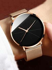 1 pieza Reloj de cuarzo minimalista de moda para hombres con correa de malla de doble esfera, adecuado para uso diario, regalo de cumpleaños, aniversario, promoción de fin de año, Día del Soltero, promoción de Halloween, sin caja de regalo - Oro rosa - Ver 5