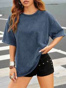 2026 Loose Fit Vintage Style Green Knitted Distressed Casual T-ShirtLoose And Comfortable Casual Streetwear, Summer Loose Fit, Oversized Graphic Tee, Vintage Street Style, Soft Cotton Tee, Drop Shoulder T Shirt, Daily Casual Top,  Streetwear Tee, Boyfriend Style Tee, Grunge Vintage Tee, Y2K Streetwear Top, Casual Oversized Top, Retro Graphic T Shirt, Loose Casual Tee, Summer Street Style Top, - 藍色 - 查看 12