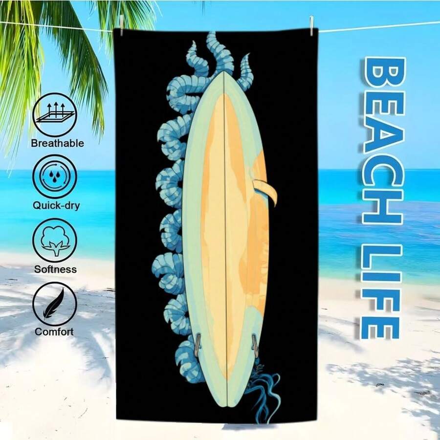This Black Beach Towel Showcases A Stunning Design With A Surfboard And Octopus Tentacles, Along With A Light Blue Hat Motif. It'S Resistant To Sand And Dries Quickly, Perfect For Summer Activities Like Surfing, Swimming, And Pool Trips - A - Xem 1