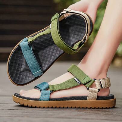 1 Pair Unisex Fabric Letter Decor Ladies' Sports Sandals, Casual Summer Hook And Loop Sandals