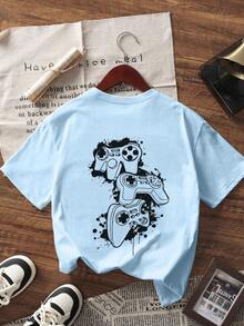 1pc Tween Boy Video Game Graphic Print Short Sleeve T-Shirt, Summer Top For Young Students - Baby Blue - View 5