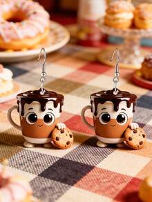 1 paire de boucles d'oreilles pendantes en acrylique avec motifs café et biscuits, convient pour le port estival des femmes, idéal pour les vacances et les fêtes, cadeau parfait pour les fêtes et les anniversaires - Multicolore - Voir 4