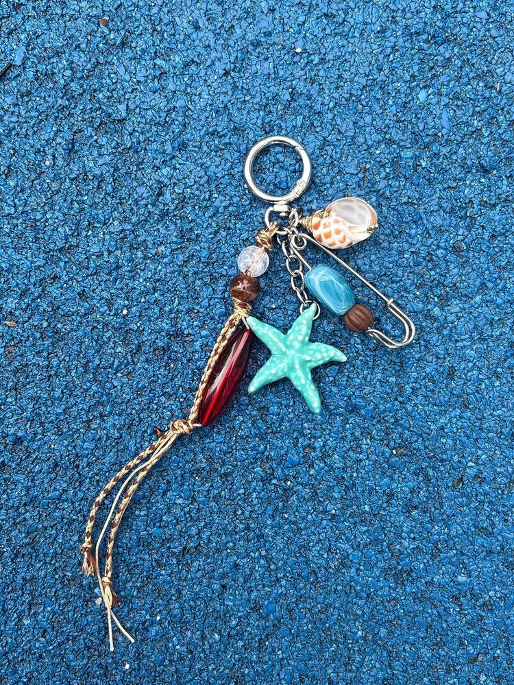 1 chiếc móc khóa túi xách thủ công đính hạt hình sinh vật biển, hình sao biển, vỏ sò, kiểu dáng nghỉ mát biển, móc khóa độc đáo. - Nhiều màu - Xem 11
