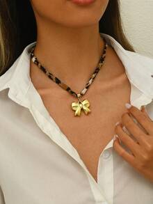 1pc Leopard Print Necklace With Heart Bow & Star Pendant, Winter Necklace, Daily Accessory, Date Necklace, Party Necklace, Gift For Her, Valentine's Day Gift - Multicolor - View 6