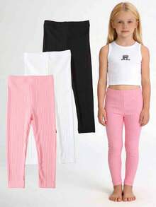 3 chiếc quần legging gân trơn cho bé gái, mềm mại và thoải mái, quần thường ngày có chun co giãn. - Nhiều màu - Xem 2
