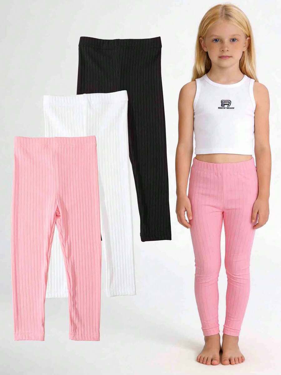 3 chiếc quần legging gân trơn cho bé gái, mềm mại và thoải mái, quần thường ngày có chun co giãn. - Nhiều màu - Xem 1