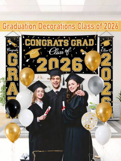 3pcs-2026 Graduation Decoration Set: Black And Gold Porch Sign Banner And Class Of 2026 Backdrop-Ideal For Indoor And Outdoor Party Decorations At High Schools And Colleges