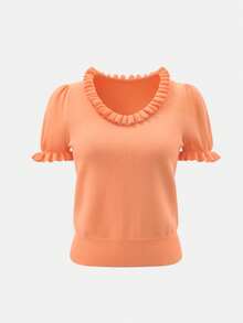 Áo thun nữ tay ngắn cổ tròn, màu trơn, viền bèo, dáng rộng, chất liệu len pha, thích hợp cho mùa xuân, mùa hè và Ngày của Mẹ. - Màu Cam cháy - Xem 5