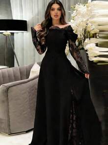 Solid Color Party Knit Fabric Zipper Lace Patchwork Long Sleeve Dress, Suitable For Weddings Spring Black - Black - View 1