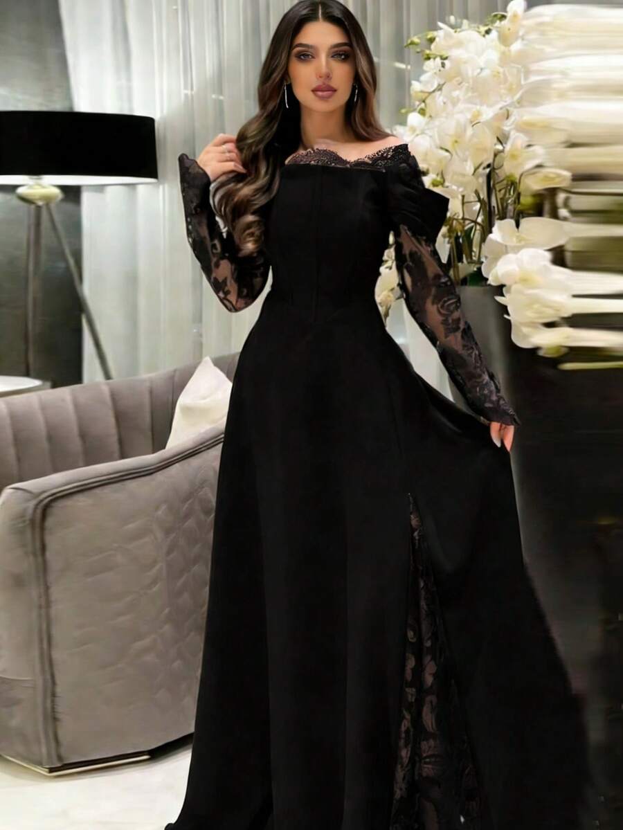 Solid Color Party Knit Fabric Zipper Lace Patchwork Long Sleeve Dress, Suitable For Weddings Spring Black - Black - View 1