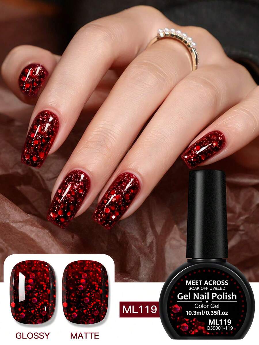 MEET ACROSS 1 lọ 10.3ml Sơn móng tay gel nhũ đỏ, sơn gel lấp lánh cho móng tay mùa hè, sơn gel UV bán vĩnh cửu, dễ tẩy, dùng để làm móng nghệ thuật tại nhà và tiệm làm móng. - Đỏ - Xem 1
