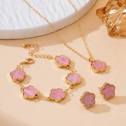 1 Set Women's Jewelry Including 1 Classic Retro Elegant Soft Pink Sweet Clover Pendant Necklace, 1 Bracelet, 1 Pair Earrings