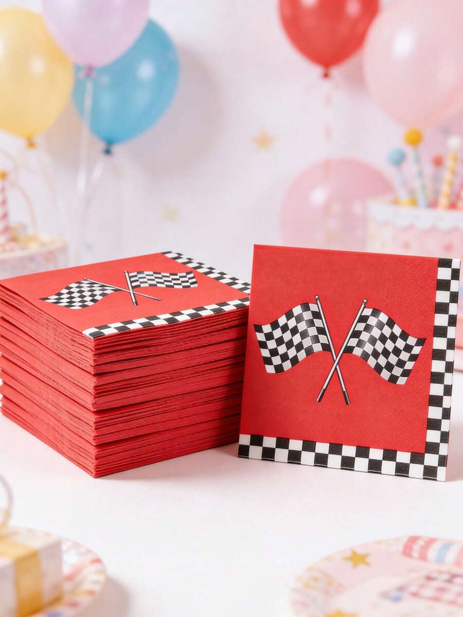 16pcs Racing Car Themed Disposable Paper Napkins, Racing Flag Design, Suitable For Racing Car Themed Birthday Party, Wedding Party Decoration, Baby Shower Party, Home Decor, Tabletop Decor, Party Supplies, Boy Birthday Party Supplies