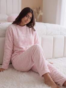Women's Long Fleece Pajamas, Furry Teddy Style, Warm Winter Pajamas, Grid Rose - 乾枯玫瑰色 - 查看 4