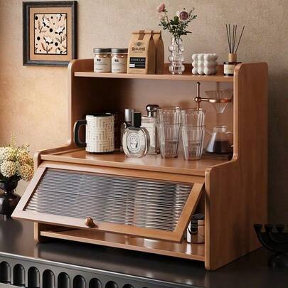 1pc Multi-Function Tabletop Storage Solution, Suitable For Kitchen, Office, Bedroom And Dorm | Great For Holding Coffee Cups And Daily Items - Natural Bamboo Storage Rack, Double-Layer Bamboo Kitchen Organizer With Dust Cover, Spice Jar Rack, Desktop Organizer For Cups, Seasonings, Books And Potted Plants - Versatile Storage Rack, Ideal For Home And Office Use