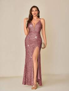 Women's Elegant Sequin Dress, Sparkling Party Gown With High Slit To Thigh, Zipper Backless Formal Evening Dress Summer - Dusty Pink - View 1
