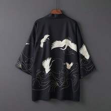 Minimalist Vintage Print Loose Comfortable Japanese Style Kimono Jacket, Unisex Spring/Summer Casual Beach Robe, Holiday Party Outfit, Black - Black - View 11