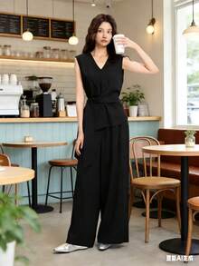Women's Linen Set With A V-Neck, Adjustable Waist, Comfortable And Casual-Chic Style. - màu đen - Xem 1