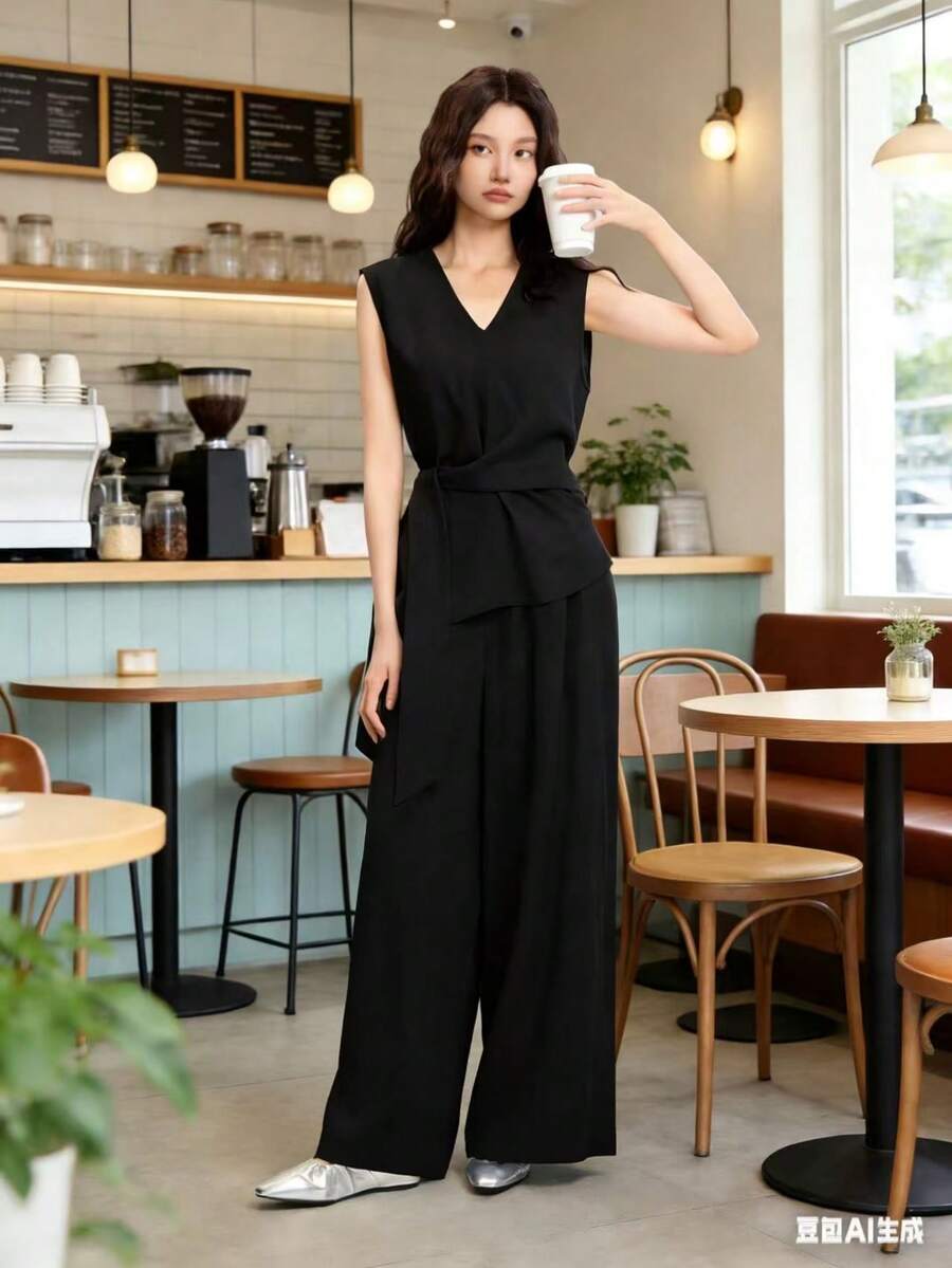 Women's Linen Set With A V-Neck, Adjustable Waist, Comfortable And Casual-Chic Style. - màu đen - Xem 1