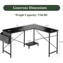 L Shaped Desk, 50-Inch Office Computer Gaming Desks Corner PC Table With Side Bag And Reversible Shelf For Home Work Study Writing Black - 黑色 - 查看 2