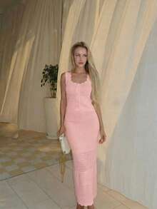 FOR BEAUTY Women's Yellow Solid Knit 2 Pieces Set, Featuring Ruffled Trim Knit Cardigan And Long Knit Skirt With Button Closure, Elegant Vacation Style Suitable For Beach Trips And Daily Wear, Summer Outfit Spring - Lotus Powder - View 8