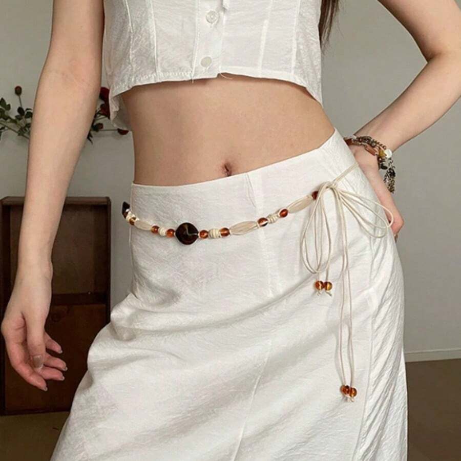 Thắt lưng nữ thủ công đính hạt nhiều màu sắc, thiết kế Bohemian, dây thắt eo thon gọn dùng để trang trí váy, thắt lưng nữ dệt thủ công sáng tạo, thắt lưng đính hạt, phụ kiện thời trang, dây thắt eo đa chức năng. - Màu be - Xem 1