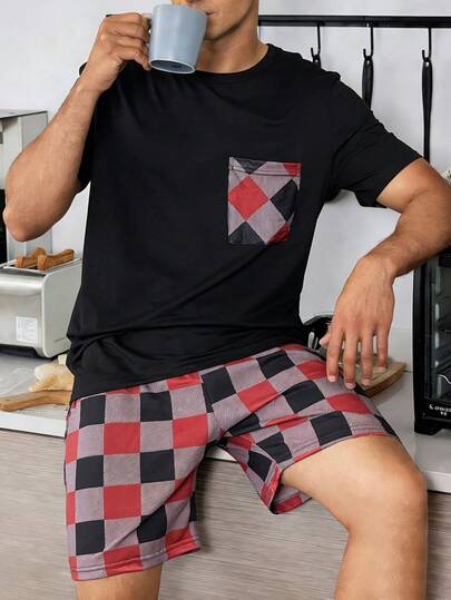 Conjunto de pijama de pantalón corto y parte superior de manga corta con bolsillo a cuadros para hombre, unicolor, para verano